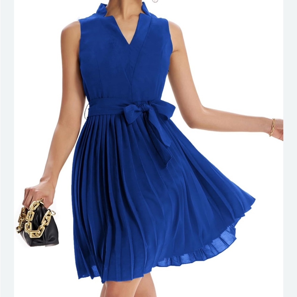 Grace Karin Blue Pleated Tie Front Sundress
